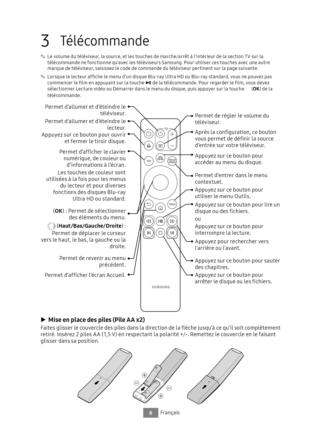 Samsung UBD-M8500/ZF manual Télécommande, Mise en place des piles Pile AA, Haut/Bas/Gauche/Droite  